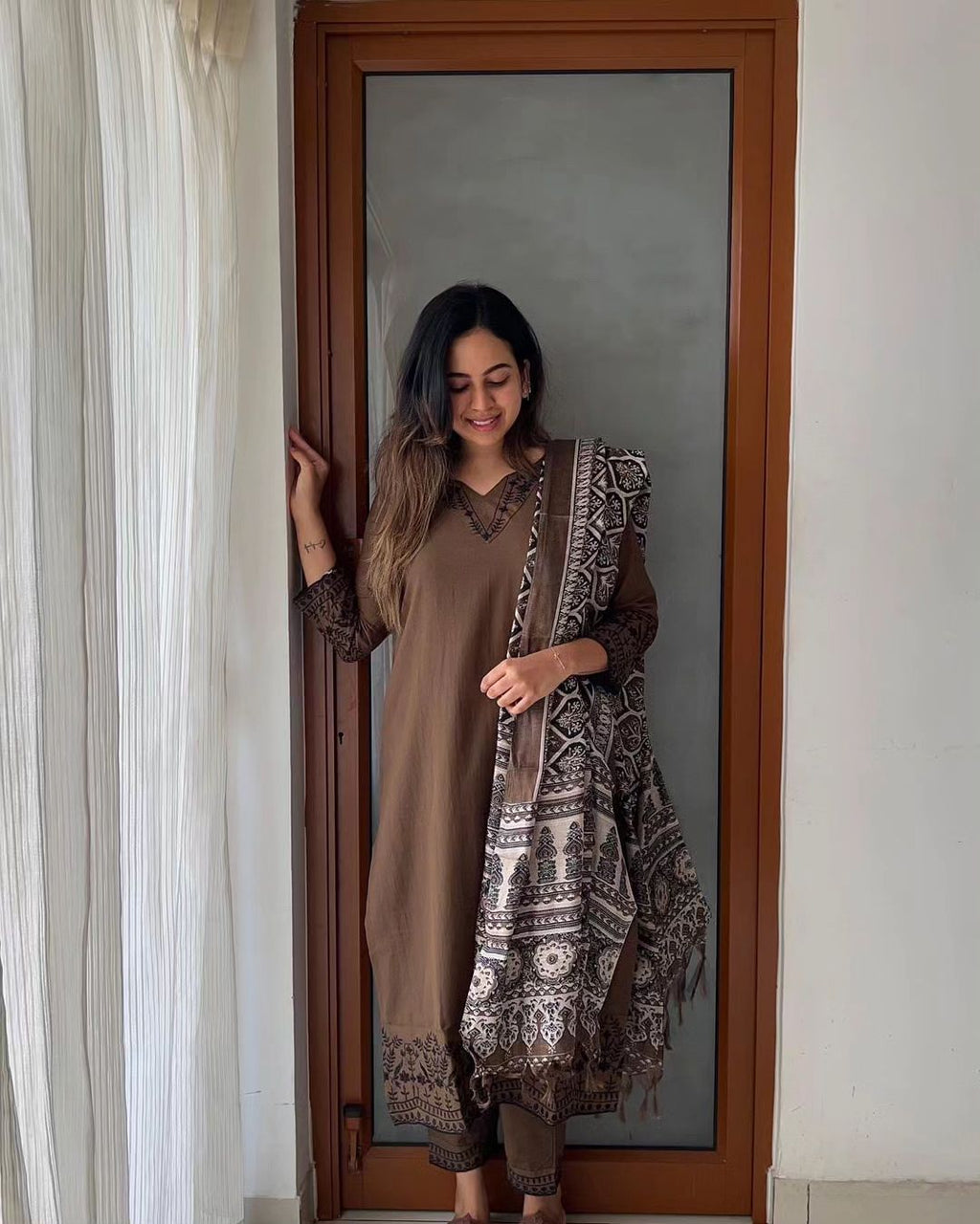 Premium Khadi Silk Kalamkari Printed Dress Material for Women | Embroidered Kurta with Dupatta Set