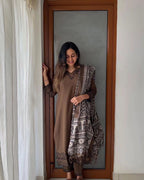 Premium Khadi Silk Kalamkari Printed Dress Material for Women | Embroidered Kurta with Dupatta Set