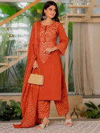 Elegant Orange Bandhani Print Kurta Pant Dupatta Set for Women | Festive Ethnic Wear Collection
