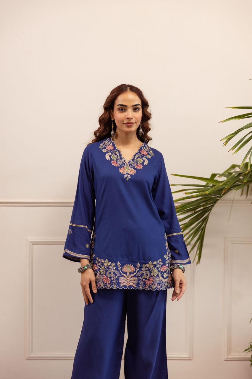 Royal Indigo Scalloped Floral Embroidered Co-ord Set