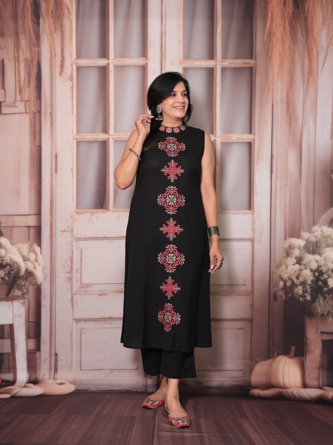 Elegant Black Embroidered Cotton Slub Co-ord Set