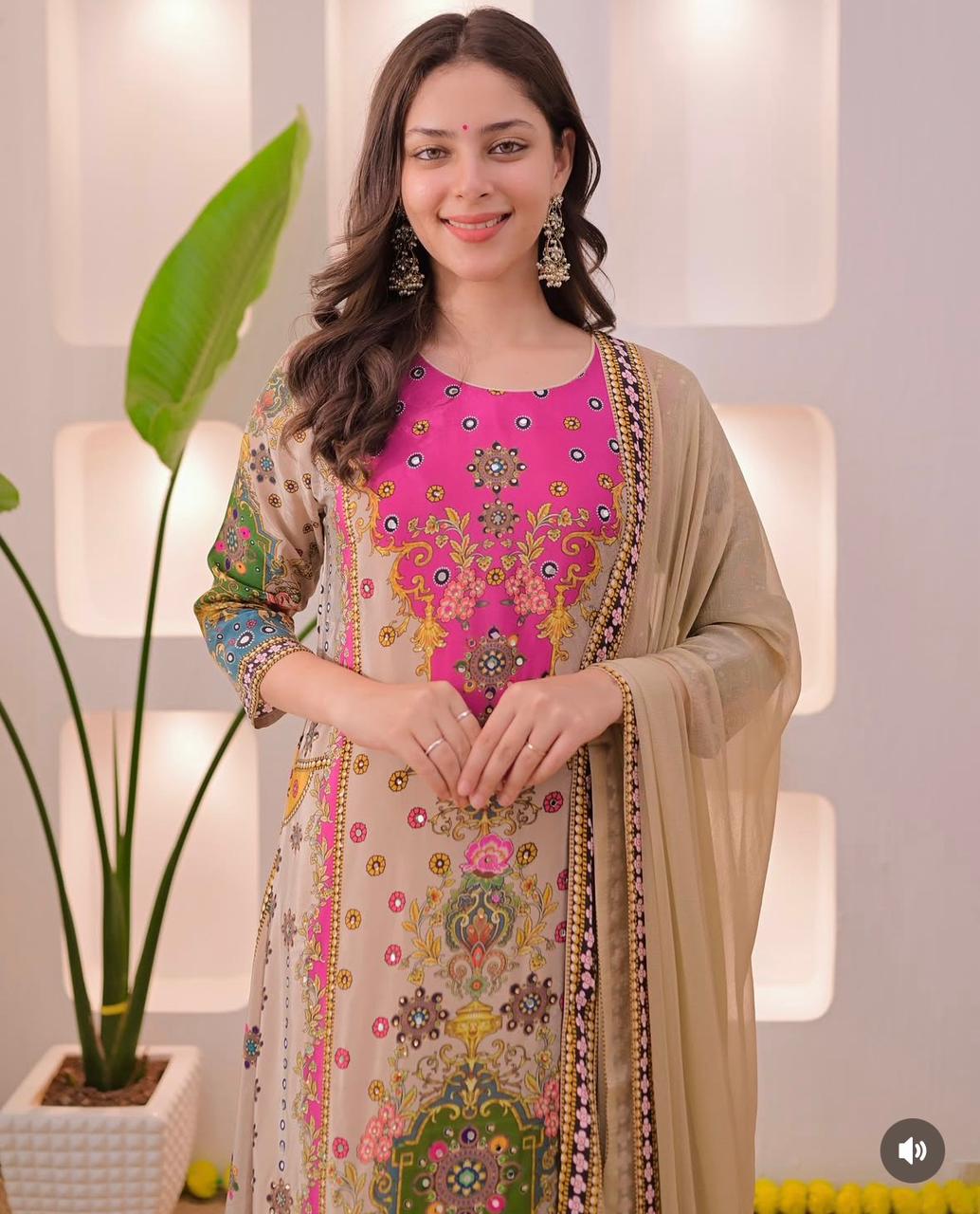 Noori Anarkali Premium Muslin Blend Palazzo Set with Double-Shade Dupatta & Complimentary Pearl Mala