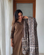 Premium Khadi Silk Kalamkari Printed Dress Material for Women | Embroidered Kurta with Dupatta Set