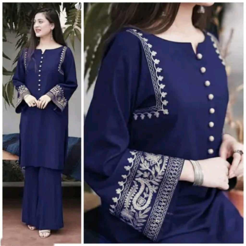 Women’s Blue Embroidered Cotton Kurta Palazzo Set | Elegant Ethnic Wear