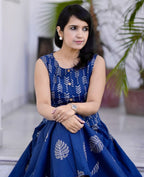 Women’s Indigo Leaf Print Cotton Maxi Dress | Casual Summer Ethnic Wear