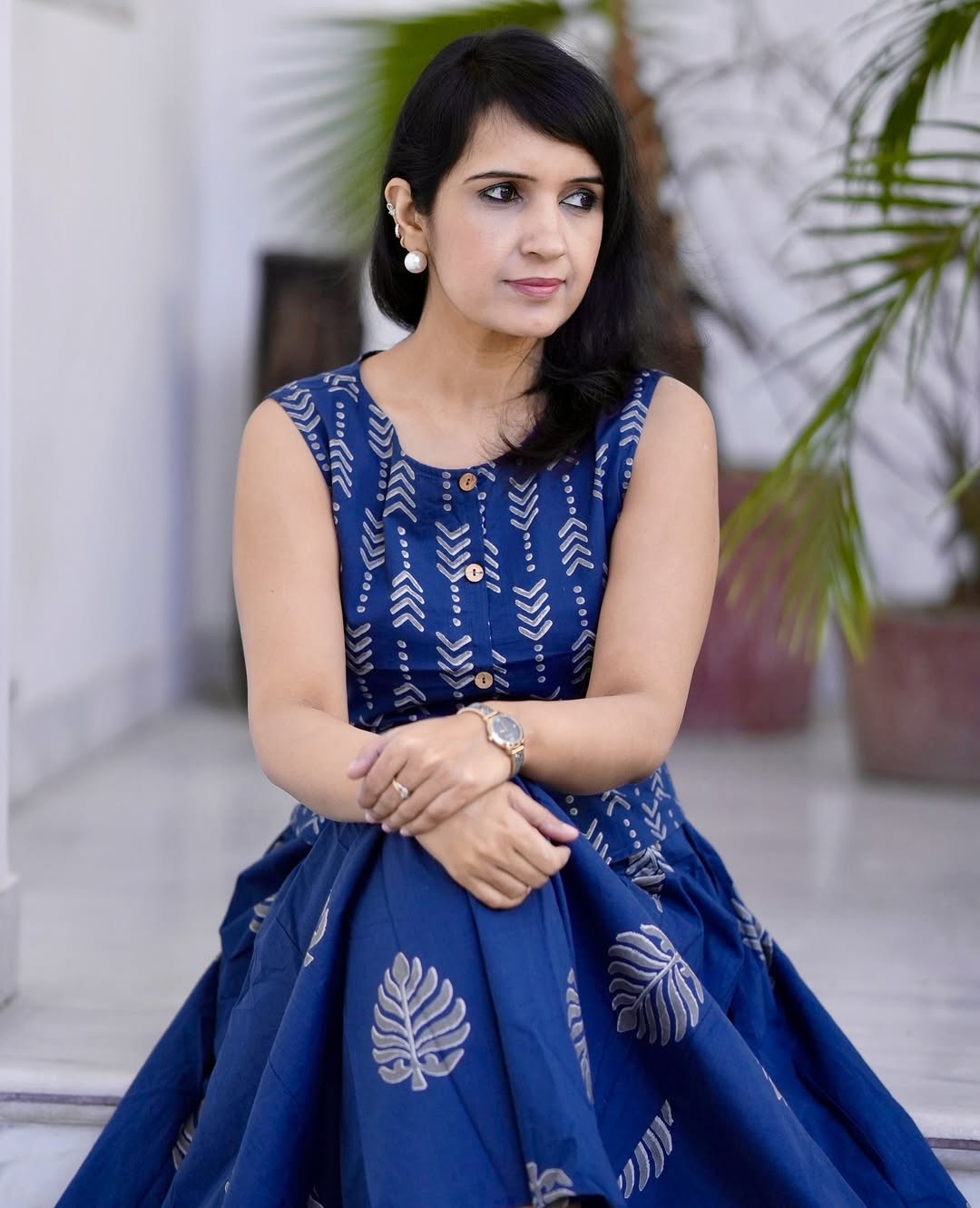 Women’s Indigo Leaf Print Cotton Maxi Dress | Casual Summer Ethnic Wear