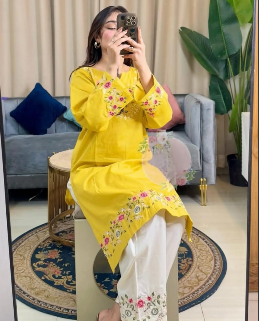 Women’s Sunshine Yellow Embroidered Cotton Kurta Pant Set | Elegant Ethnic Wear