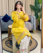 Women’s Sunshine Yellow Embroidered Cotton Kurta Pant Set | Elegant Ethnic Wear