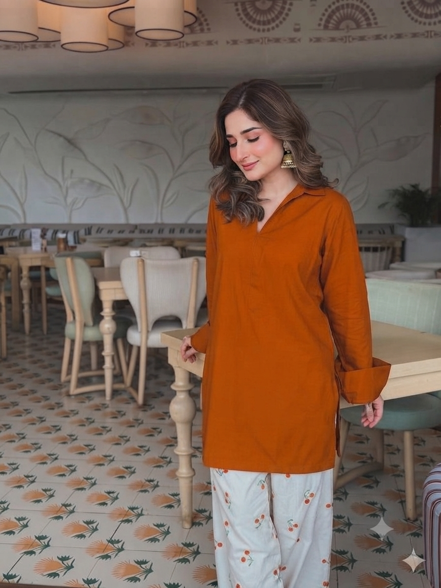 Elegant brown V-Neck Kurti with Embroidered Cotton Farshi Pant Set for Women