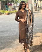 Premium Khadi Silk Kalamkari Printed Dress Material for Women | Embroidered Kurta with Dupatta Set
