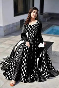 Black Premium Rayon Printed Long Anarkali Kurta Gown, Pant & Dupatta Set