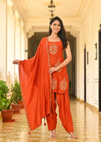Premium Handwork Pearl & Dori Embroidered Kurti Set Orange