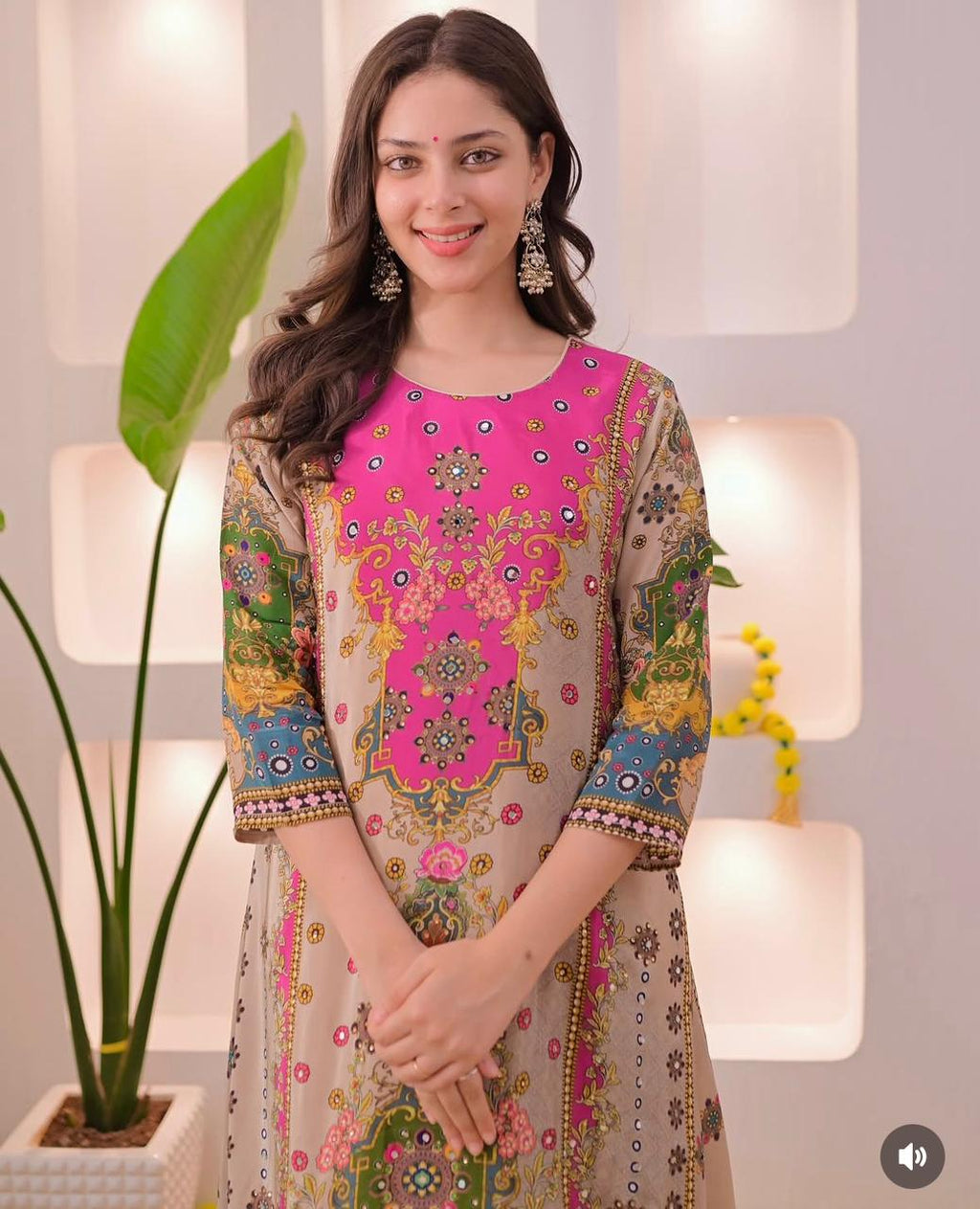 Noori Anarkali Premium Muslin Blend Palazzo Set with Double-Shade Dupatta & Complimentary Pearl Mala