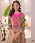 Noori Anarkali Premium Muslin Blend Palazzo Set with Double-Shade Dupatta & Complimentary Pearl Mala