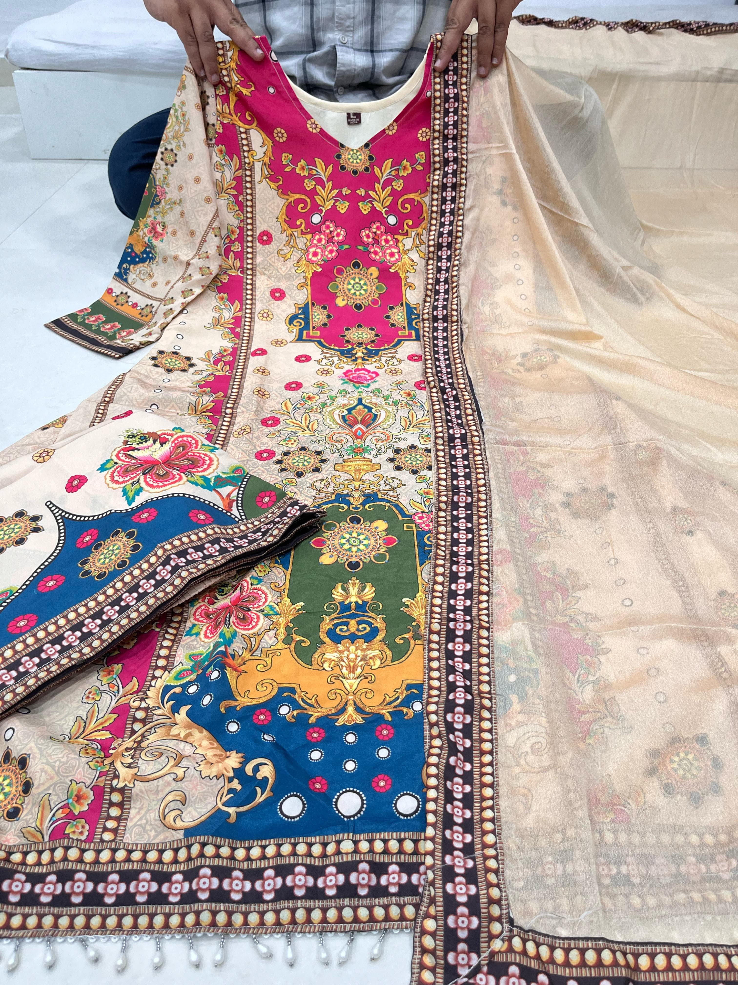 Noori Anarkali Premium Muslin Blend Palazzo Set with Double-Shade Dupatta & Complimentary Pearl Mala