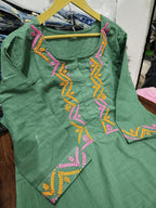 Sage Green Cotton Embroidered Kurta Pant Dupatta Set for Women